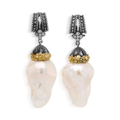 AGED SILVER 18K GOLD DIAMOND BAROQUE PEARL EARRINGS
