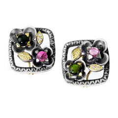 AGED SILVER 18K GOLD DIAMOND TOURMALINE EARRINGS