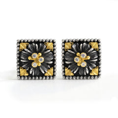 Organza Aged Silver Diamond Floral Stud Earrings
