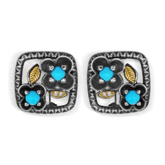 AGED SILVER 18K GOLD DIAMOND TURQUOISE EARRINGS