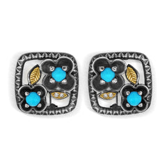 AGED SILVER 18K GOLD DIAMOND TURQUOISE EARRINGS