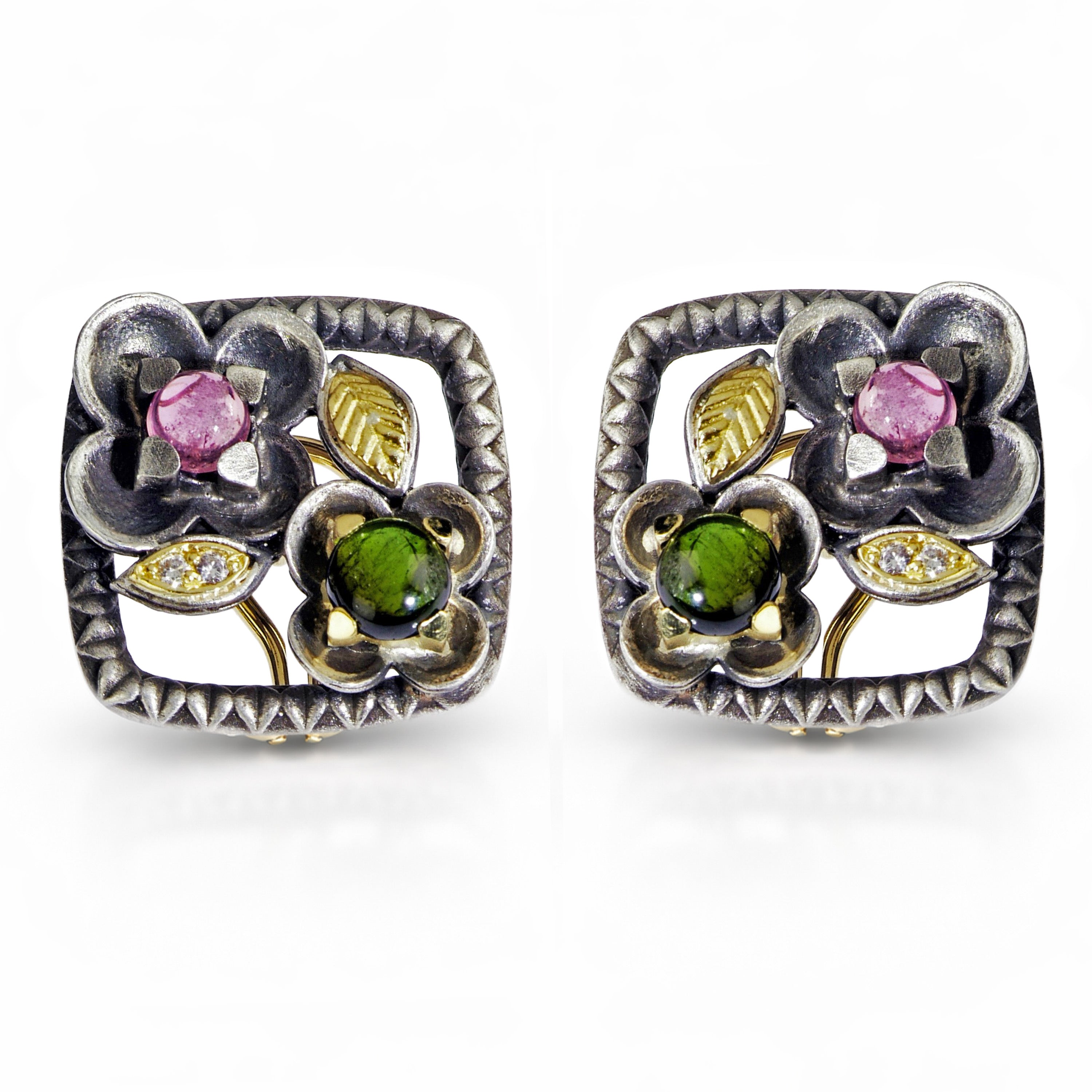 Stambolian Aged Silver 18K Gold Pink and Green Tourmaline Diamond Floral Earrings on White Background