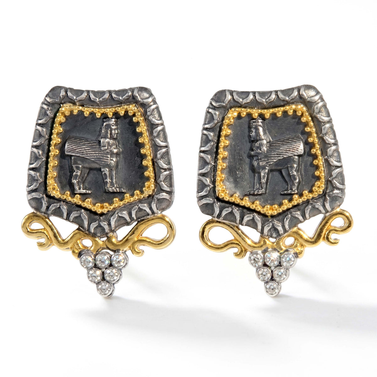 "Erebuni" aged silver and 18K gold diamond earrings with winged figure and diamond cluster, pair front view