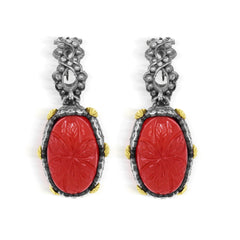 AGED SILVER 18K GOLD FLORAL CARVED CARNELIAN EARRINGS