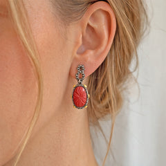 Model Wearing Stambolian Beginnings Carved Carnelian Drop Earrings Showing Scale