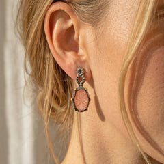 Model Wearing Stambolian Beginnings Peach Moonstone Earrings Showing Drop and Scale