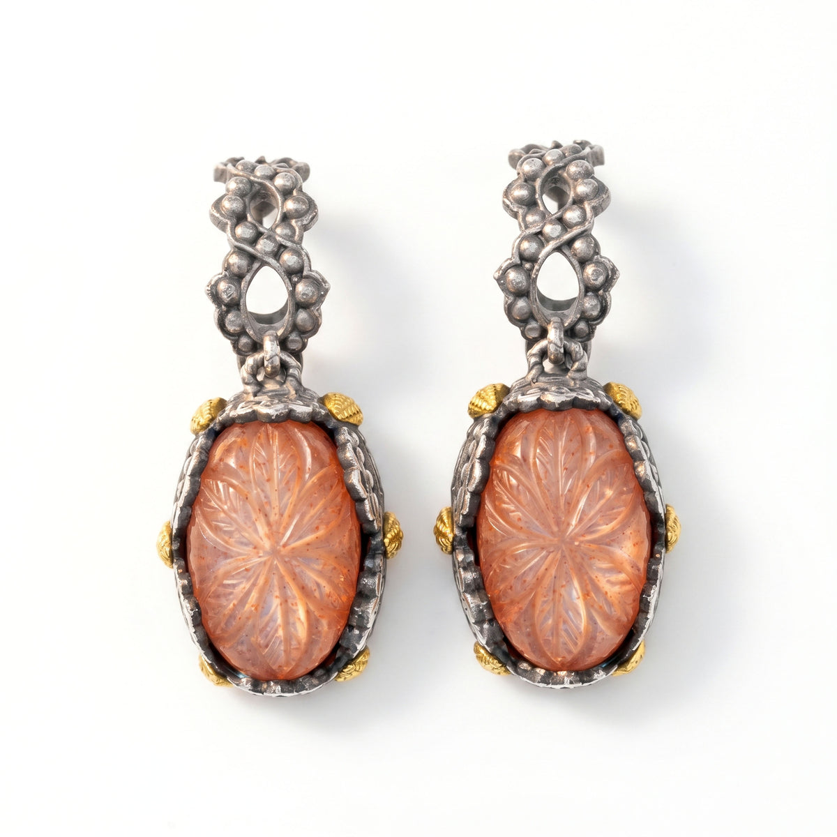 Beginnings floral carved peach moonstone earrings in aged silver and 18K gold, pair shown together