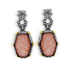 AGED SILVER 18K GOLD FLORAL CARVED PEACH MOONSTONE EARRINGS