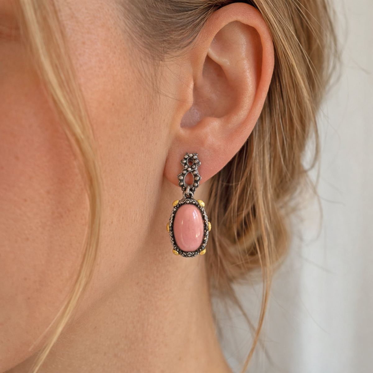 Beginnings aged silver and 18K gold Peruvian pink opal drop earring, worn on the ear