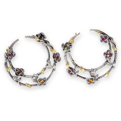 AGED SILVER 18K GOLD TOURMALINE FLORAL SIDE HOOP EARRINGS