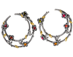 AGED SILVER 18K GOLD TOURMALINE FLORAL SIDE HOOP EARRINGS