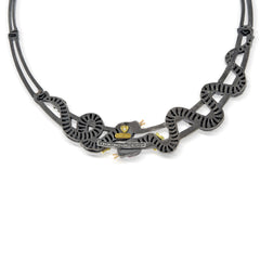 SERPENTINE AGED SILVER 18K GOLD DIAMONDS PINK SAPPHIRES CHOKER NECKLACE