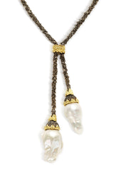 YOLO AGED SILVER 18K GOLD BAROQUE PEARL LARIAT NECKLACE - Stambolian | House of Jewels