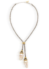 YOLO SHINY SILVER 18K GOLD BAROQUE PEARL LARIAT NECKLACE