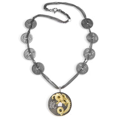 YEAR OF THE DRAGON AGED SILVER 18K GOLD DIAMONDS PENDANT NECKLACE