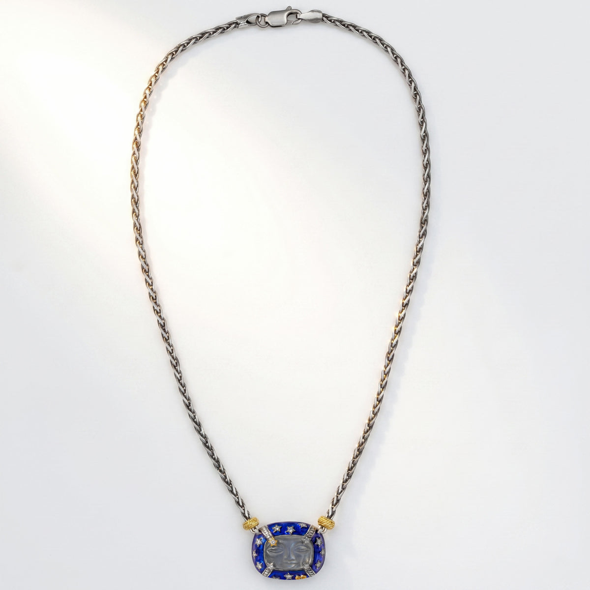 "Man on the Moon" aged silver and 18K gold pendant necklace with grey moonstone face, full chain and clasp