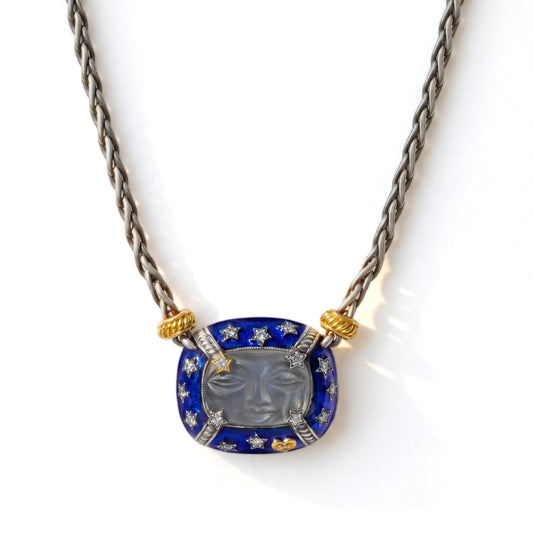 "Man on the Moon" aged silver and 18K gold pendant necklace with cobalt blue enamel, grey moonstone and diamonds, front view