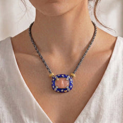 MAN ON THE MOON AGED SILVER & 18K GOLD DIAMONDS BLUE ENAMEL PEACH MOONSTONE PENDANT NECKLACE