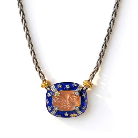 Man on the Moon aged silver and 18K gold pendant necklace with cobalt blue enamel, peach moonstone and diamonds, front view