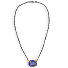 MAN ON THE MOON AGED SILVER & 18K GOLD DIAMONDS BLUE ENAMEL RAINBOW MOONSTONE PENDANT NECKLACE