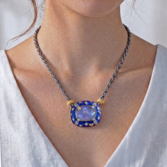 MAN ON THE MOON AGED SILVER & 18K GOLD DIAMONDS BLUE ENAMEL RAINBOW MOONSTONE PENDANT NECKLACE