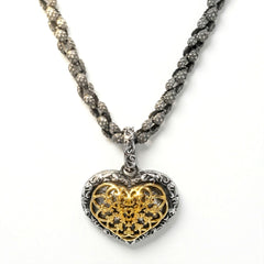 Aged Silver & 18K Gold Filigree Heart Pendant Necklace