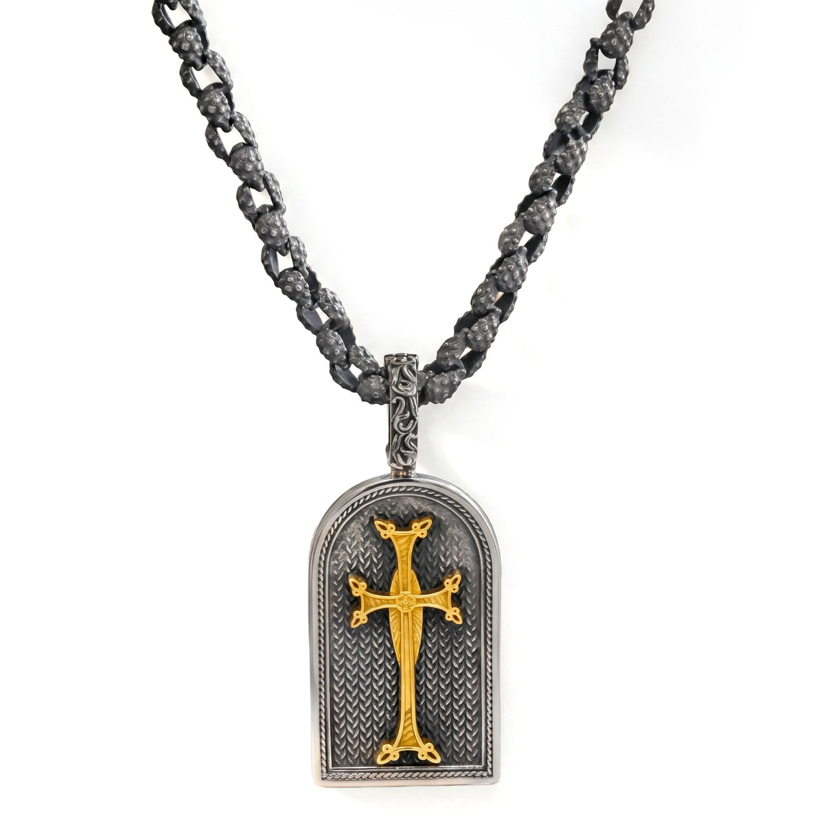 "Beginnings" aged silver and 18K gold Armenian cross "Khachkar" enhancer pendant, shown with its chain