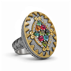 NEW DAY AGED SILVER 18K GOLD TOURMALINE DIAMONDS RING
