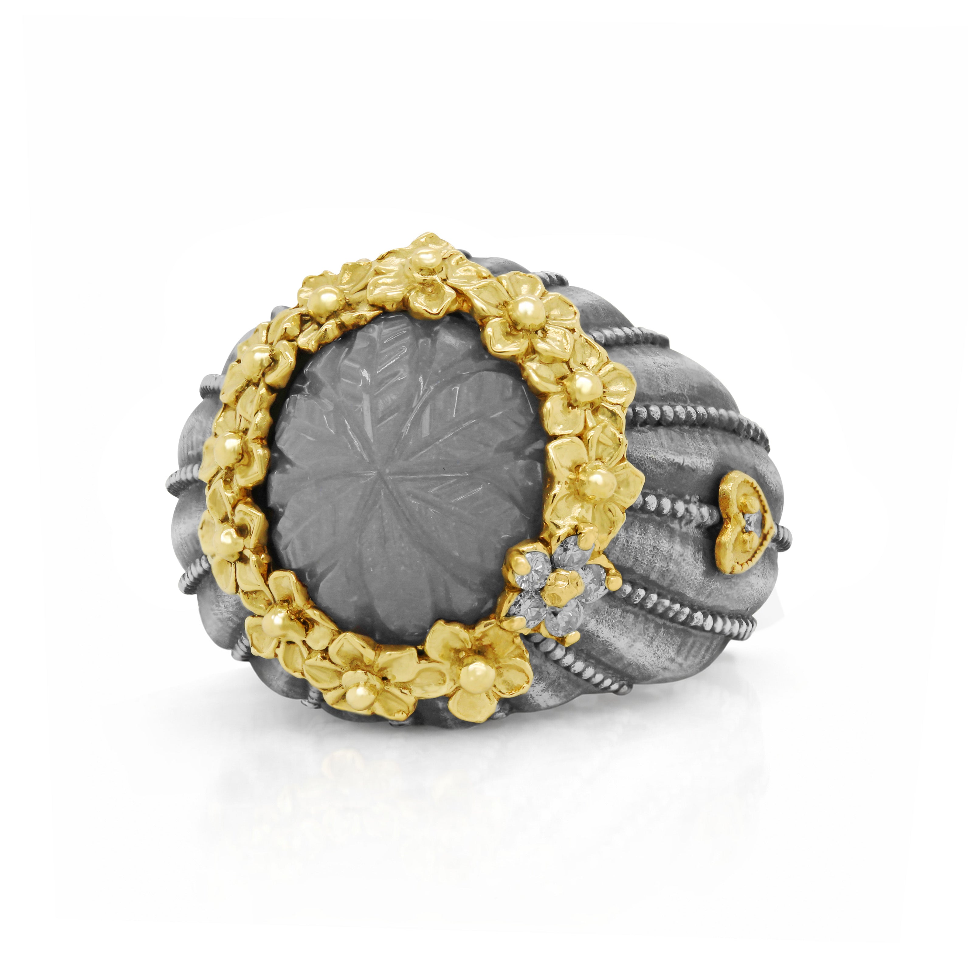 Stambolian Bouquet Moonstone Ring Angle Showing Floral Relief and Gold Accents