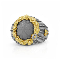 Stambolian Bouquet Moonstone Ring Angle Showing Floral Relief and Gold Accents