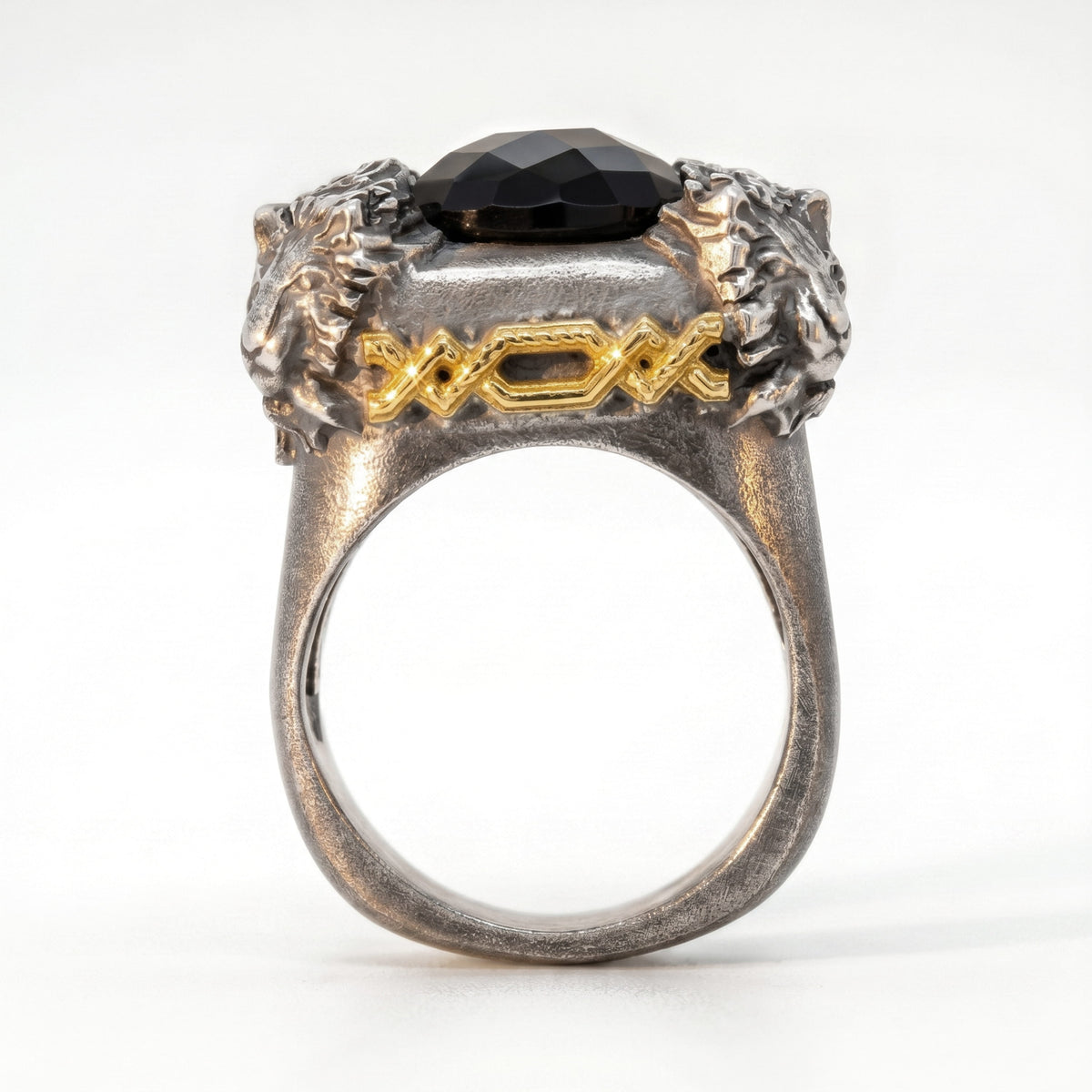 "Crown of Lions" onyx men's ring in aged silver and 18K gold, front view standing upright