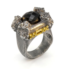 Crown of Lions Aged Silver Onyx Ring