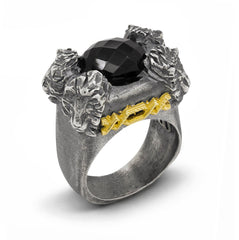 CROWN OF LIONS AGEDS SILVER 18K GOLD ONYX MENS RING