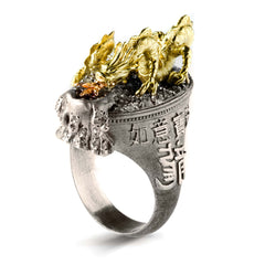 DRAGON 18K GOLD AGED SILVER DIAMONDS RUBY RING