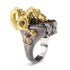 DRAGON 18K GOLD AGED SILVER DIAMONDS RUBY RING