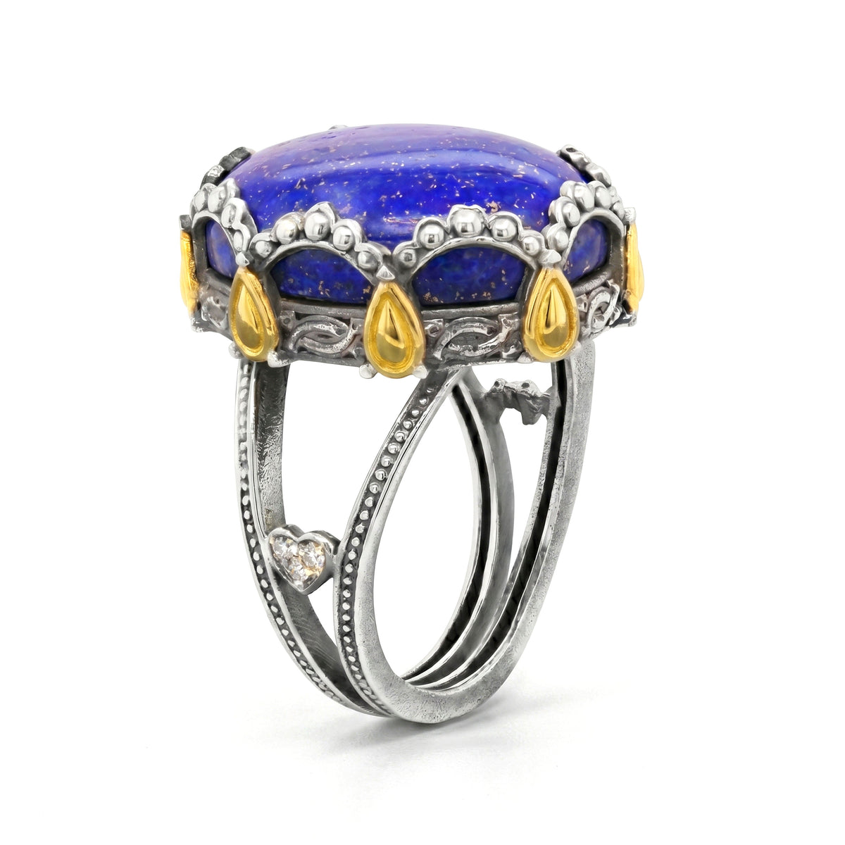 Princess Tiara lapis lazuli ring in aged silver and 18K gold with diamonds, side view