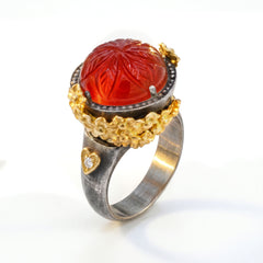 Rose Garden Carved Carnelian Aged Silver Gold Ring