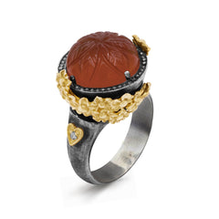 ROSE GARDEN FLORAL CARVED PEACH MOONSTONE AGED SILVER 18K GOLD RING