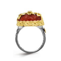 CARNELIAN DIAMONDS AGED SILVER 18K FLOWERS RING