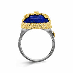 LAPIS LAZULI DIAMONDS AGED SILVER 18K FLOWERS RING