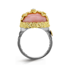 PERUVIAN OPAL DIAMONDS AGED SILVER 18K FLOWERS RING