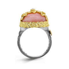 PERUVIAN OPAL DIAMONDS AGED SILVER 18K FLOWERS RING