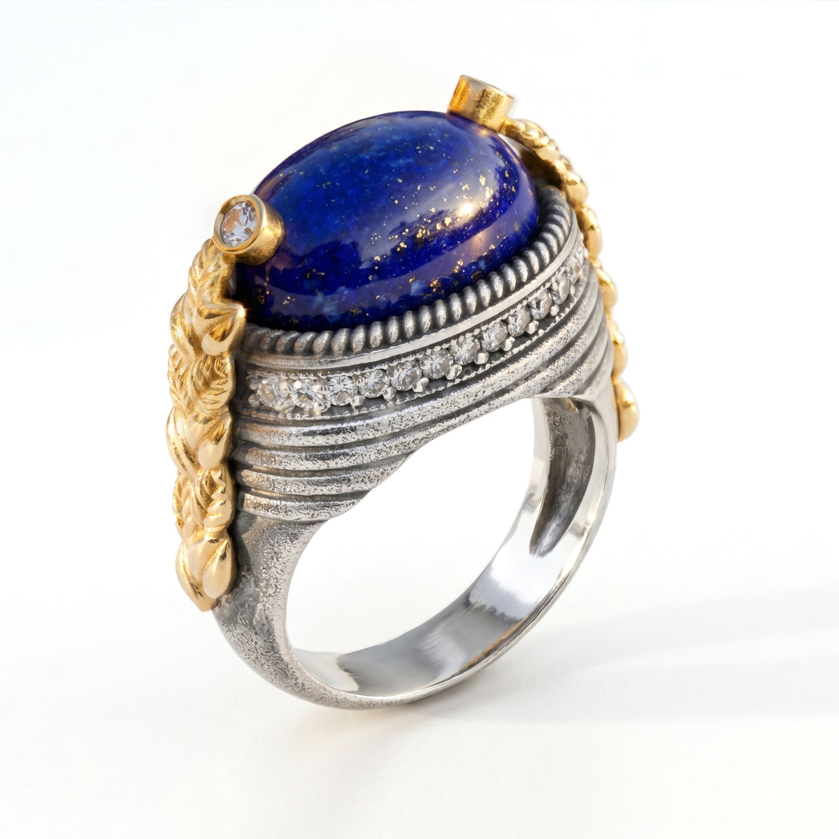 "Beginnings" lapis lazuli and diamond ring in aged silver and 18K gold, angled view