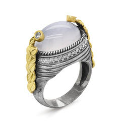 AGED SILVER 18K GOLD DIAMONDS WHITE MOONSTONE CENTER RING
