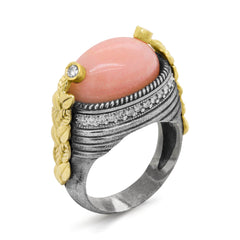 AGED SILVER 18K GOLD DIAMONDS PINK OPAL CENTER RING