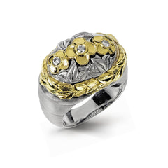 AGED SILVER 18K GOLD DIAMONDS FLOWER RING