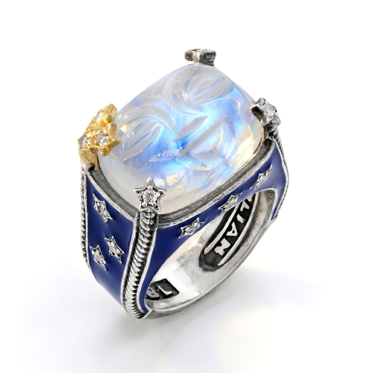 "Man on the Moon" ring in aged silver and 18K gold with rainbow moonstone, blue enamel and diamonds, angled view
