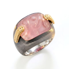 Aged Silver & 18K Gold Frosted Pink Quartz Ring