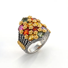 Aged Silver & 18K Gold Multi Color Sapphire Ring