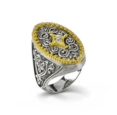 AGED SILVER 18K GOLD DIAMOND OVAL SHAPE RING
